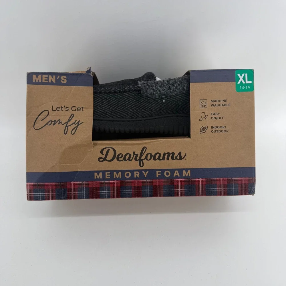 Dearfoams Mens Memory Foam Herringbone Moccasin Slippers Grey XL 13-14‎